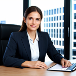 Modern Businesswoman in Office**

"A professional businesswoman in a modest business suit, sitting at a desk in a modern office, fully clothed, appropriate attire, safe for work, perfect anatomy, natural proportions, professional photography, high quality, family-friendly."

**