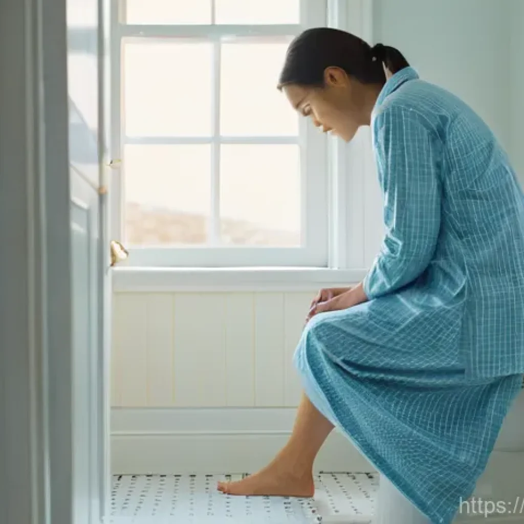 소변색으로 알 수 있는 건강 상태 - **"Morning Wellness Check"**: A young woman, dressed in comfortable, modest pajamas, stands in a bri...