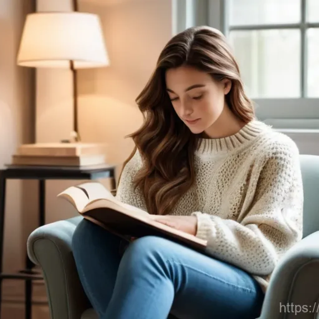 소변에서 냄새가 날 때 원인 - A serene and cozy indoor scene. A young woman in her early twenties, with long, wavy brown hair, is ...