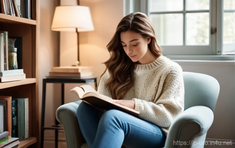 소변에서 냄새가 날 때 원인 - A serene and cozy indoor scene. A young woman in her early twenties, with long, wavy brown hair, is ...
