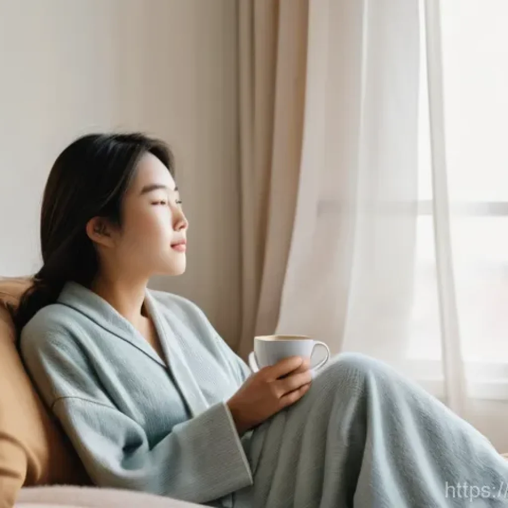 방광염 완화를 위한 생활 습관 추천 - **Prompt:** A young Japanese woman in her late 20s, with a serene expression, gently sips from a war...