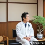 비뇨기과 진료 중 가장 흔한 오해 - A modern Japanese medical clinic interior with a friendly male doctor in a white coat attentively li...