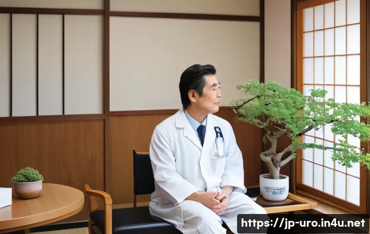 비뇨기과 진료 중 가장 흔한 오해 - A modern Japanese medical clinic interior with a friendly male doctor in a white coat attentively li...