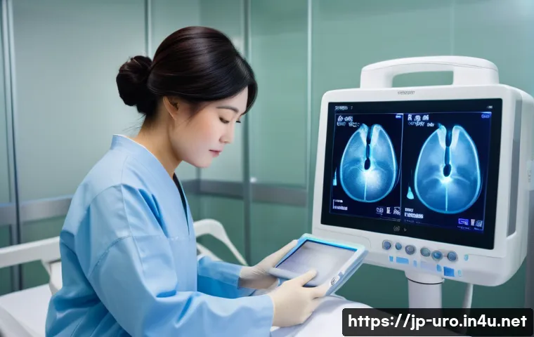비뇨기과에서 시행하는 초음파 검사 - A modern ultrasound examination room in a Japanese clinic, featuring a high-tech ultrasound machine ...