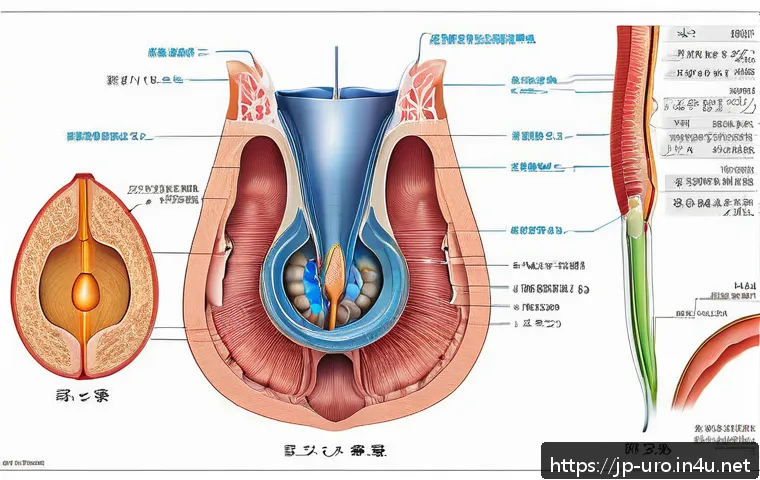 비뇨기과에서 시행하는 PSA 검사 - A detailed medical illustration of the male pelvic anatomy focusing on the prostate gland located ju...