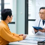 전립선 비대증 치료를 위한 약물 종류 - A modern Japanese male patient in his 60s consulting with a doctor in a bright, clean clinic room, d...