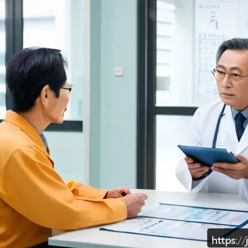 전립선 비대증 치료를 위한 약물 종류 - A modern Japanese male patient in his 60s consulting with a doctor in a bright, clean clinic room, d...