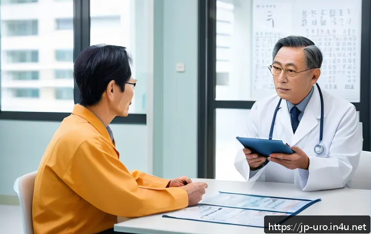 전립선 비대증 치료를 위한 약물 종류 - A modern Japanese male patient in his 60s consulting with a doctor in a bright, clean clinic room, d...