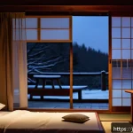 야간 배뇨와 과민성 방광의 관계 - A serene Japanese bedroom scene at night, softly lit by a traditional paper lantern casting warm lig...