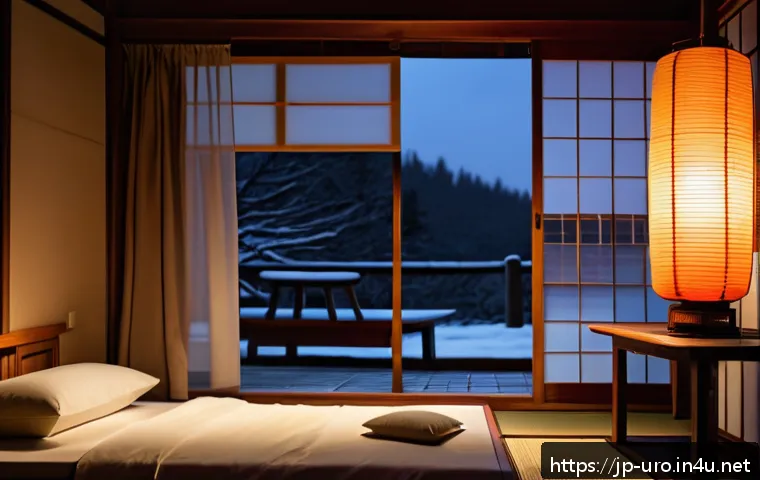 야간 배뇨와 과민성 방광의 관계 - A serene Japanese bedroom scene at night, softly lit by a traditional paper lantern casting warm lig...