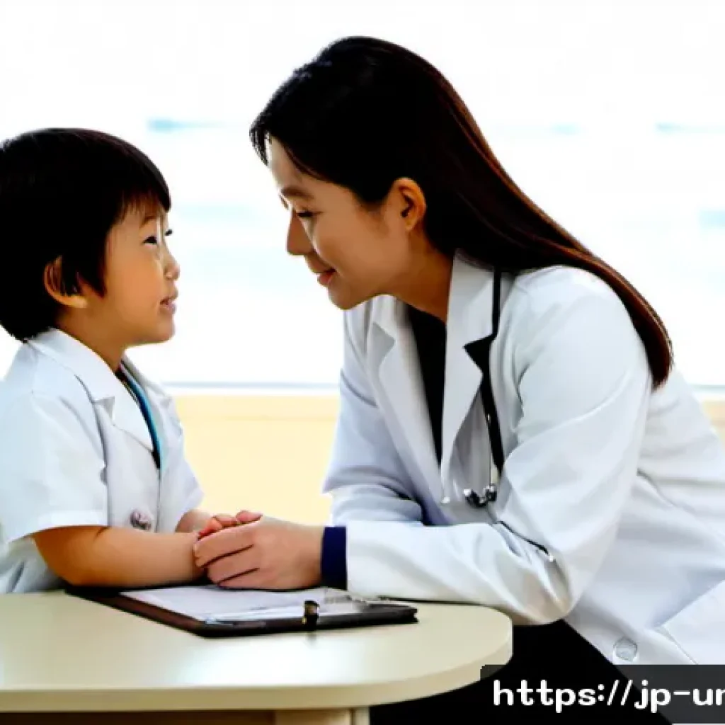 야뇨증 치료와 예방 방법 - Photorealistic pediatric clinic consultation in Japan, a caring female doctor in a white coat speaki...