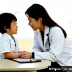 야뇨증 치료와 예방 방법 - Photorealistic pediatric clinic consultation in Japan, a caring female doctor in a white coat speaki...