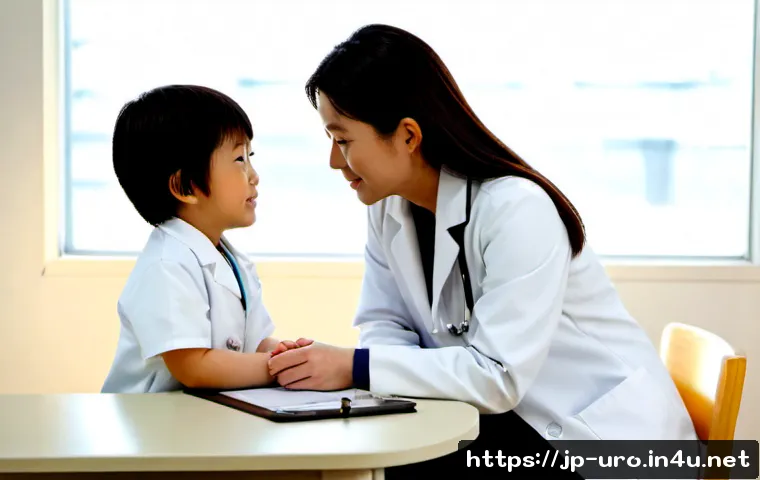 야뇨증 치료와 예방 방법 - Photorealistic pediatric clinic consultation in Japan, a caring female doctor in a white coat speaki...